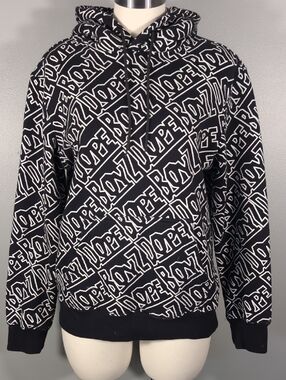 DOPE Black and White All-Over Logo Crewneck Hooded Sweatshirt, S.
